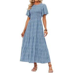 Women's 2024 Summer Casual Floral Print Short Flutter Sleeve Maxi Dress